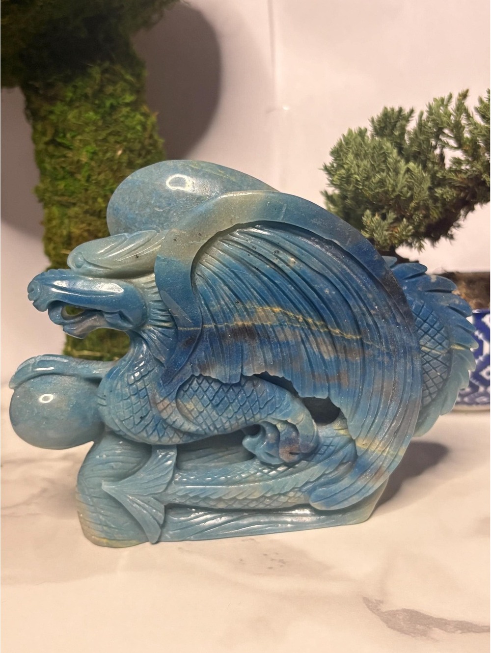 Hand Carved Trolleite Dragon Statue, Blue Stone Art
